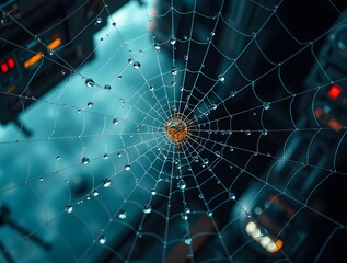 Futuristic Spiderweb with Dewdrops and Sci-Fi Elements