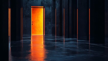 Poster - Glowing orange door in dark corridor.