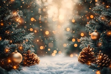 Wall Mural - christmas trees decorated with golden baubles and pine cones on snowy ground