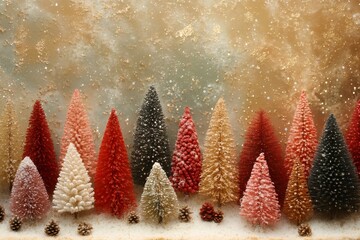 Wall Mural - colorful miniature christmas trees creating a festive holiday scene