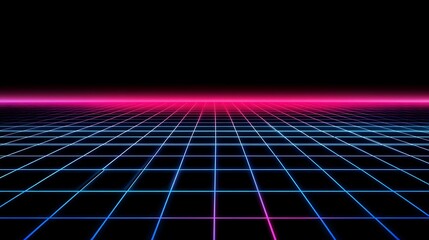 Poster - Futuristic grid plane, neon perspective, black background, for technology theme, stock image