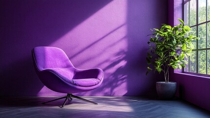 Wall Mural - Purple armchair in sunny room with plant by window.