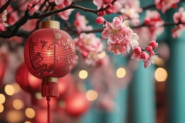 Wall Mural - red lanterns hanging near cherry blossom for chinese new year celebration