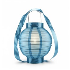 Wall Mural - Round light blue paper lantern with a satin ribbon handle, illuminated from within, creating a warm and inviting glow