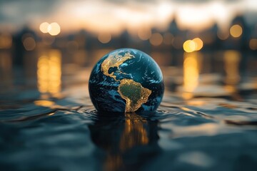 Wall Mural - earth globe floating on water at sunset, city lights blurred background.