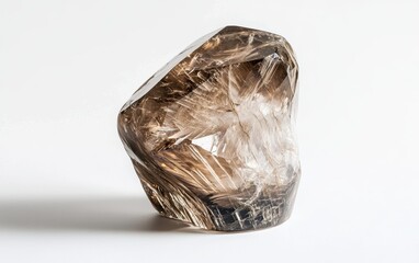 A natural smoky quartz crystal with soft brown hues and intricate textures, resting on a bright white background