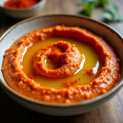 Wall Mural - The image is a close-up of a bowl of orange-colored soup. The soup appears to be thick and creamy, with a smooth texture.