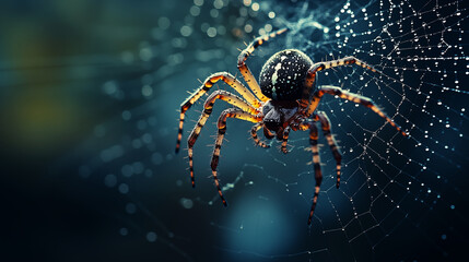 Spider weaving intricate web with morning dew, showcasing natural engineering