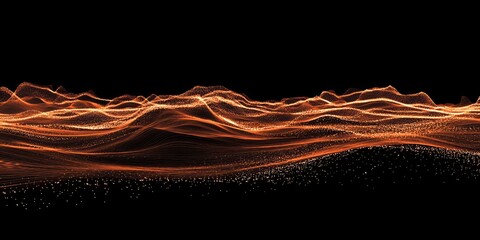 Poster - Abstract orange glowing particle wave landscape on black background.