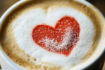 Wall Mural - Macro shot of a red heart drawn in the foam of a coffee drink, with fine sugar sprinkled to enhance the design.