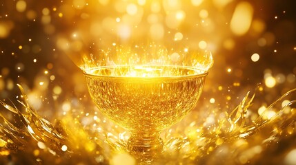Poster - A shimmering golden bowl radiates with sparkling light amidst a backdrop of golden bokeh.