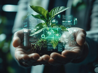 Ai generated business growth hands presenting sustainable plant solutions in modern office environment