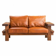Poster - Luxurious brown leather sofa with two cushions and solid wood structure, perfect for a modern living room