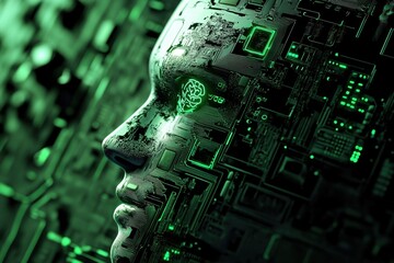 Poster - Digital representation of a human face merging with technology and circuits in green hues