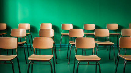 Wall Mural - Empty chairs arranged in a classroom setting with a vibrant green background during the day