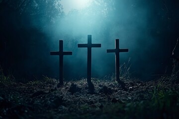 Poster - Three crosses on dark background. Good friday concept. Calvary hill concept. 