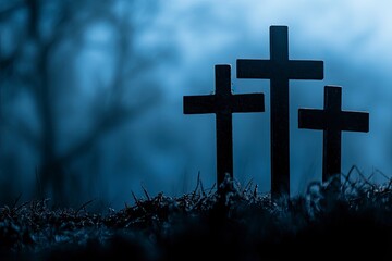 Poster - Three crosses on dark background. Good friday concept. Calvary hill concept. 