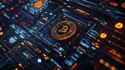 3D visualization of a fintech platform displaying cryptocurrency transactions and digital banking innovations using a futuristic interface illustrations