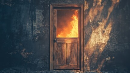 Poster - Wooden Door Opening to Flames in Dark Grunge Interior Setting