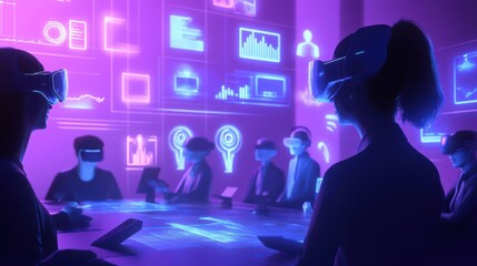 A 3D render of a team of business professionals collaborating on a digital marketing project using virtual reality tools and holographic displays for real-time brainstorming illustrations