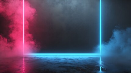 Poster - Neon Light Rectangle Frame on Smoky Floor