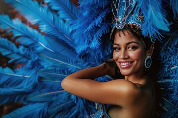 Brazilian dancer in blue feather costume poses for photographer.