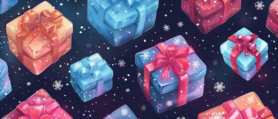 Aufkleber - Lovely gift boxes with snowflakes and glitter that celebrate the Christmas season in a seamless pattern over a pale setting with a lovely eve aesthetic and space, Generative AI.
