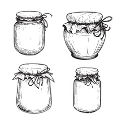 Hand drawn sketch style jars full of fruit jam or honey set. Best for craft made preserve designs. Isolated on white background.