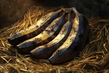 Dark, spoiled bananas on straw.