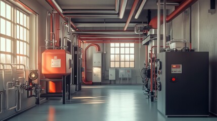 Poster - Industrial Interior of a Modern Boiler Room with Equipment and Pipes