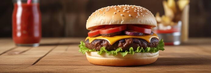 Wall Mural - A hamburger on a wooden table with condiments, meal, plate