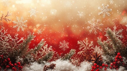 Wall Mural - festive winter background with sparkling snowflakes pine branches berries and soft bokeh lights crea