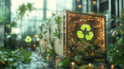 Revolutionary ai-generated cardboard cargo container in lush green environment sustainable innovation