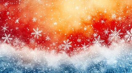 Wall Mural - Winter Wonderland Abstract Background with Red, Orange, White and Blue Hues, Snowflakes and a Gradient Effect
