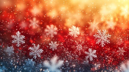 Wall Mural - Enchanting winter background with shimmering snowflakes against a warm red and orange gradient for festive celebrations and holiday spirit