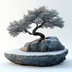 [Winter wellness indoor health mental] Realistic Digital Art of Twisted Tree on Rocky Landscape with Snowy Background, Gray and Green Color Scheme.