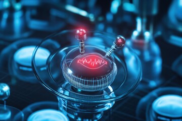 Poster - Unique representation of a futuristic scientific device displaying energy waves and data analysis