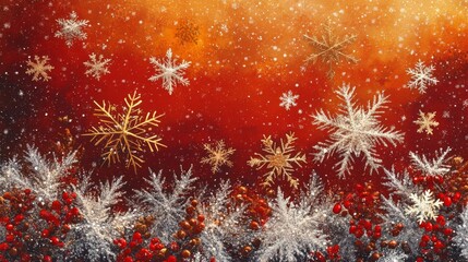 Wall Mural - Festive Holiday Snowfall with Golden Glitter Snowflakes and Bright Red Berries on an abstract festive background