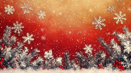 Wall Mural - Festive Winter Scene with Snowflakes and Pine Branches on a Gradient Red and Gold Background