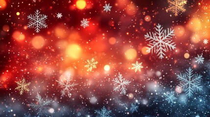 Wall Mural - Sparkling Snowflakes on a Gradient Red and Blue Background with Bokeh Lights