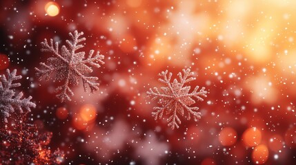 Wall Mural - Sparkling Snowflakes on a Warm Red Background Creating Festive Holiday Atmosphere with Glitter