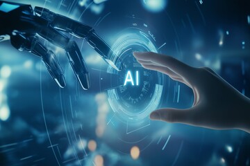 Poster - Hand Touching AI Icon with Robot Arm, Futuristic Digital Screen, AI Industry, Background, Photograph