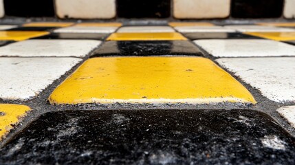 A black and white and yellow tiled floor with a yellow line