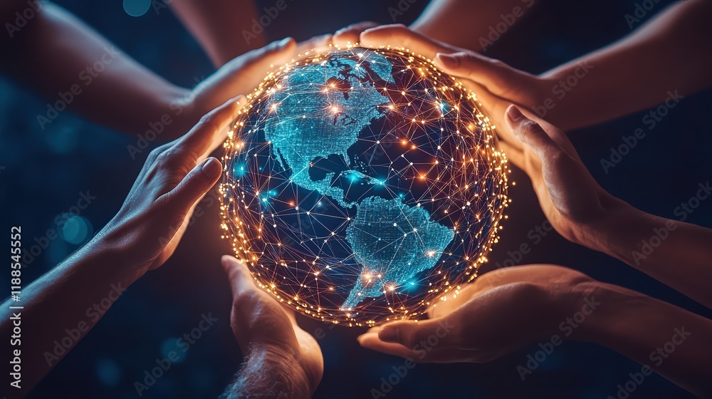 Hands holding a glowing globe with interconnected lights representing ...