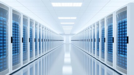 Poster - Modern server room with neat rows of white racks. Organized server equipment visible through transparent panels. Soft white lighting creates futuristic, tech-savvy environment. Clean, organized tech