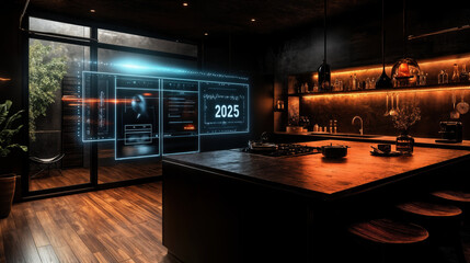 Poster - Futuristic Smart Kitchen with Transparent Touch Screens Displaying New Year 2025 Celebrations