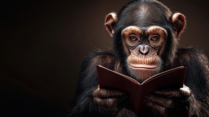 A chimpanzee reading a book on a dark background