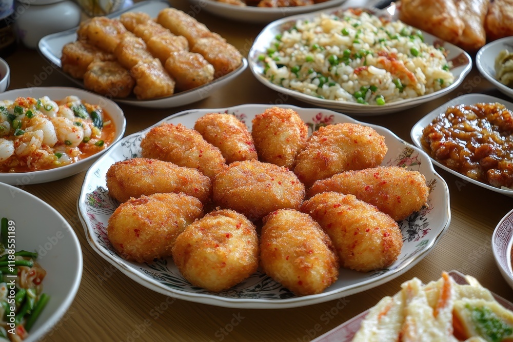 Obba Flying Roe Rice Ball Stock-Foto „Meal feast breakfast rice ball with flying fish roe fried ...
