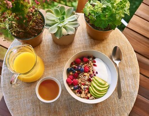 Wall Mural - Healthy breakfast with yogurt, granola, berries, avocado and orange juice on a patio table