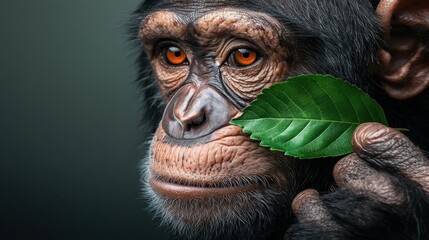 A chimpanzee holding a leaf in its mouth